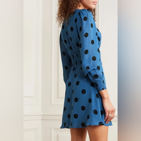 Reformation Shirred Polka-Dot Georgette Mini Dress Size 2 - Picture 3 of 9